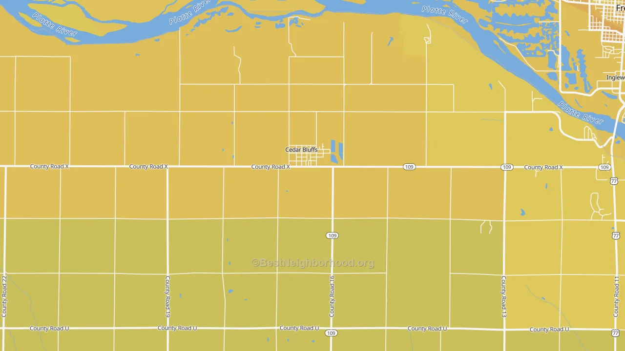 Map of the best neighborhoods in the Cedar Bluffs area, with better matches in green and worse matches in red