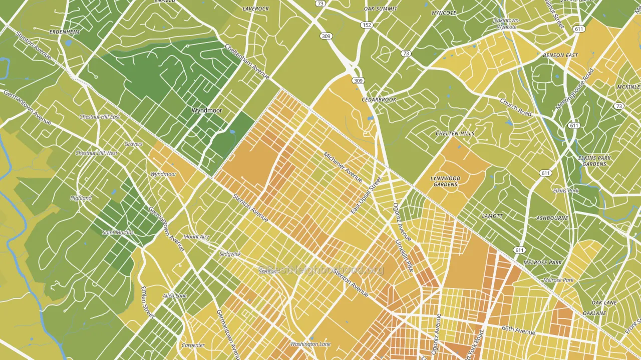 Map of the best neighborhoods in the Cedar Brook, Philadelphia area, with better matches in green and worse matches in red
