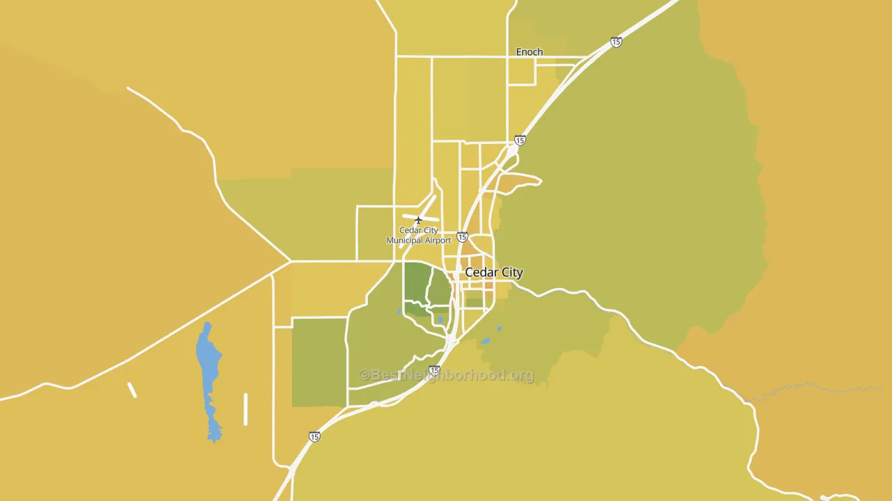 Map of the best neighborhoods in the Cedar City area, with better matches in green and worse matches in red