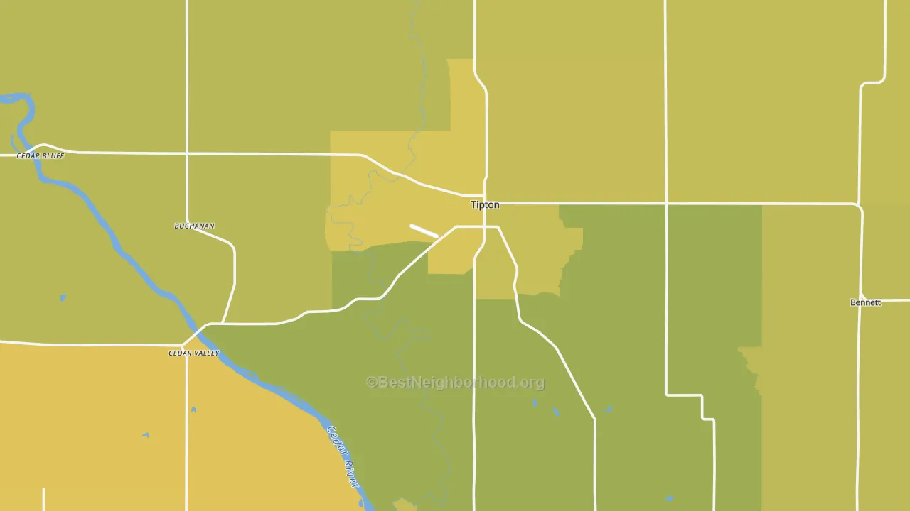 Map of the best neighborhoods in the Cedar County area, with better matches in green and worse matches in red