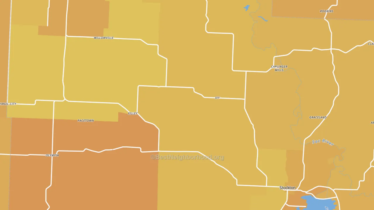Map of the best neighborhoods in the Cedar County area, with better matches in green and worse matches in red