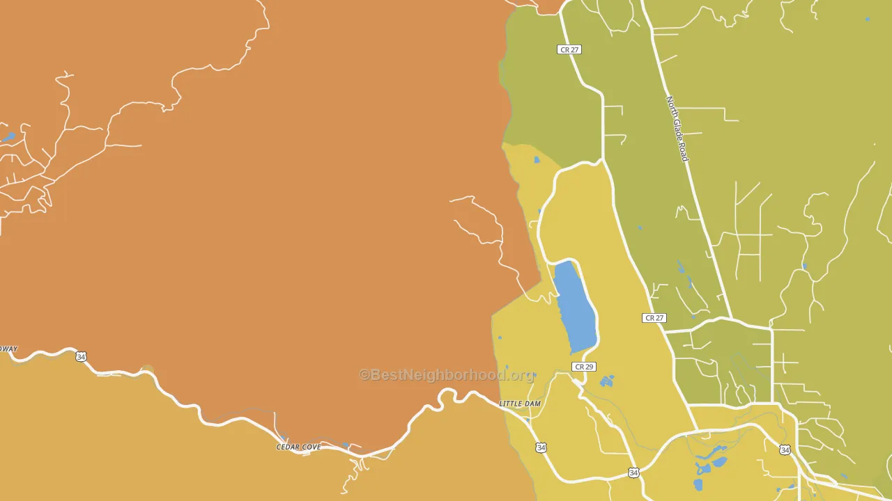 Map of the best neighborhoods in the Cedar Cove area, with better matches in green and worse matches in red