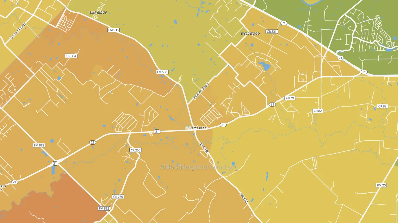 Map of the best neighborhoods in the Cedar Creek area, with better matches in green and worse matches in red