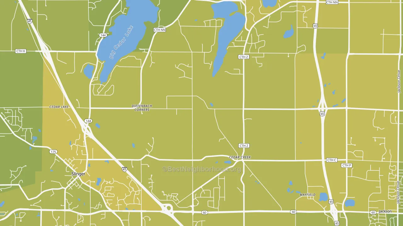Map of the best neighborhoods in the Cedar Creek area, with better matches in green and worse matches in red