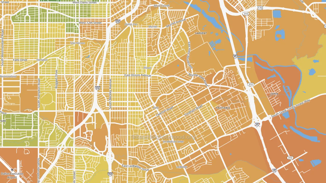 Map of the best neighborhoods in the Cedar Crest, Dallas area, with better matches in green and worse matches in red