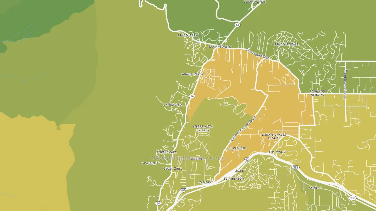 Map of the best neighborhoods in the Cedar Crest area, with better matches in green and worse matches in red