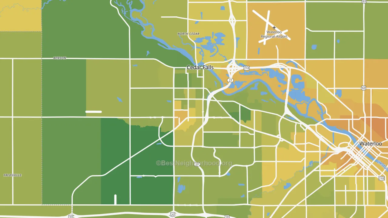 Map of the best neighborhoods in the Cedar Falls area, with better matches in green and worse matches in red