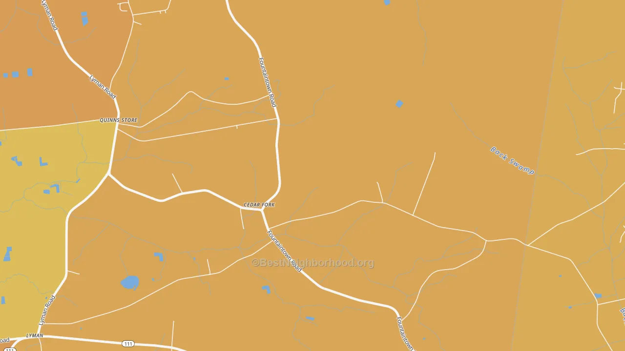 Map of the best neighborhoods in the Cedar Fork area, with better matches in green and worse matches in red