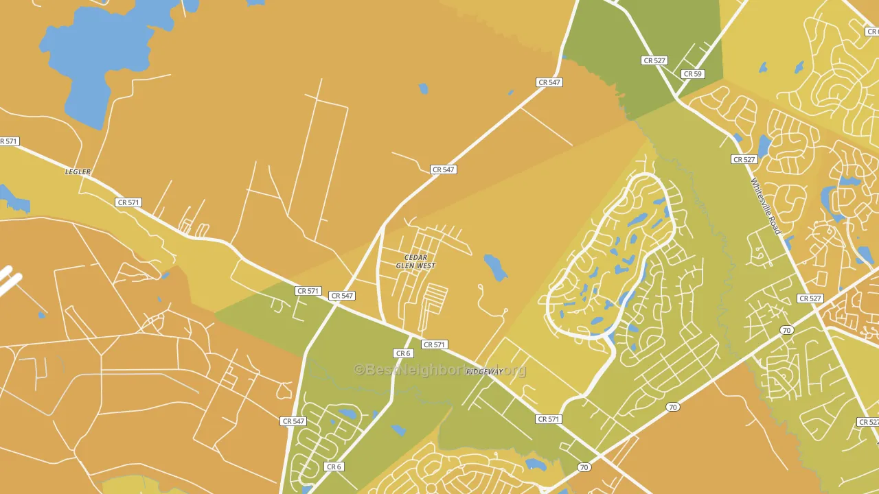 Map of the best neighborhoods in the Cedar Glen West area, with better matches in green and worse matches in red