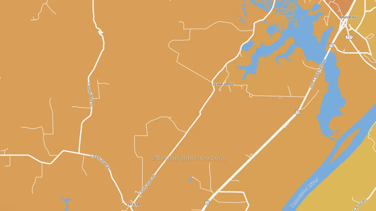 Map of the best neighborhoods in the Cedar Grove area, with better matches in green and worse matches in red