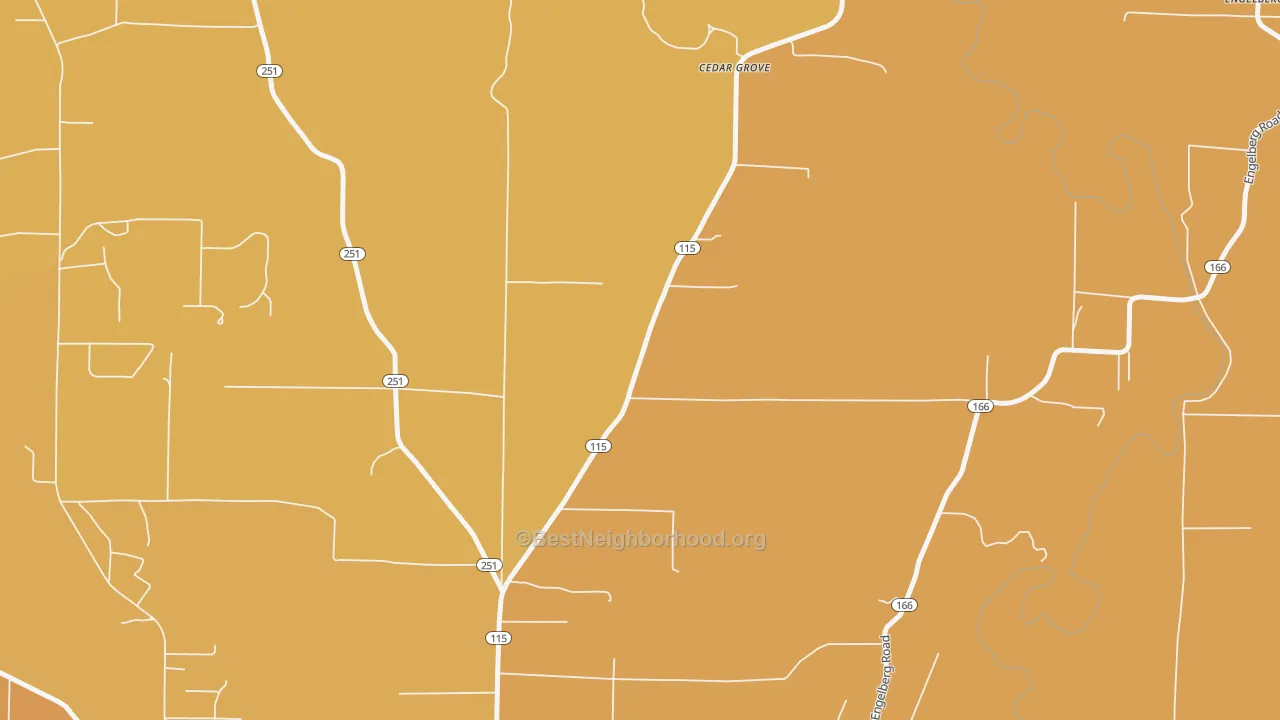 Map of the best neighborhoods in the Cedar Grove area, with better matches in green and worse matches in red