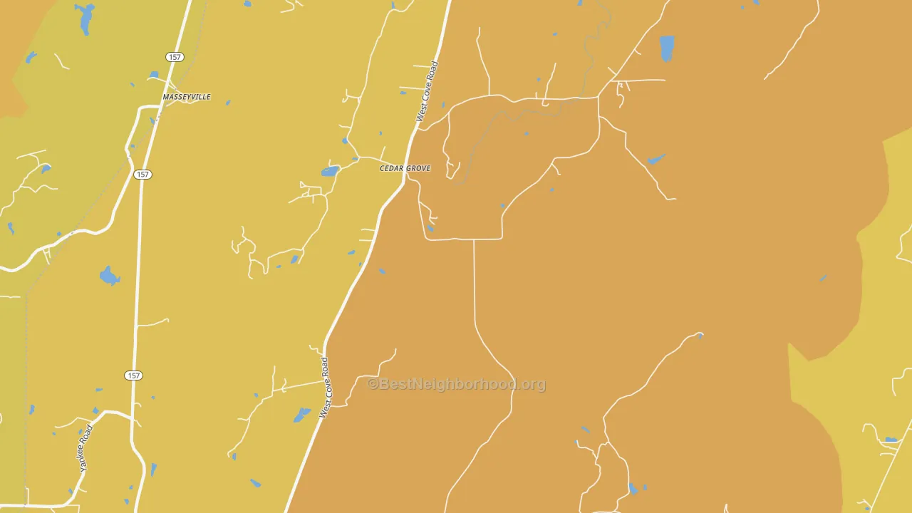 Map of the best neighborhoods in the Cedar Grove area, with better matches in green and worse matches in red