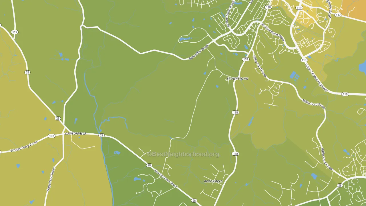 Map of the best neighborhoods in the Cedar Grove area, with better matches in green and worse matches in red