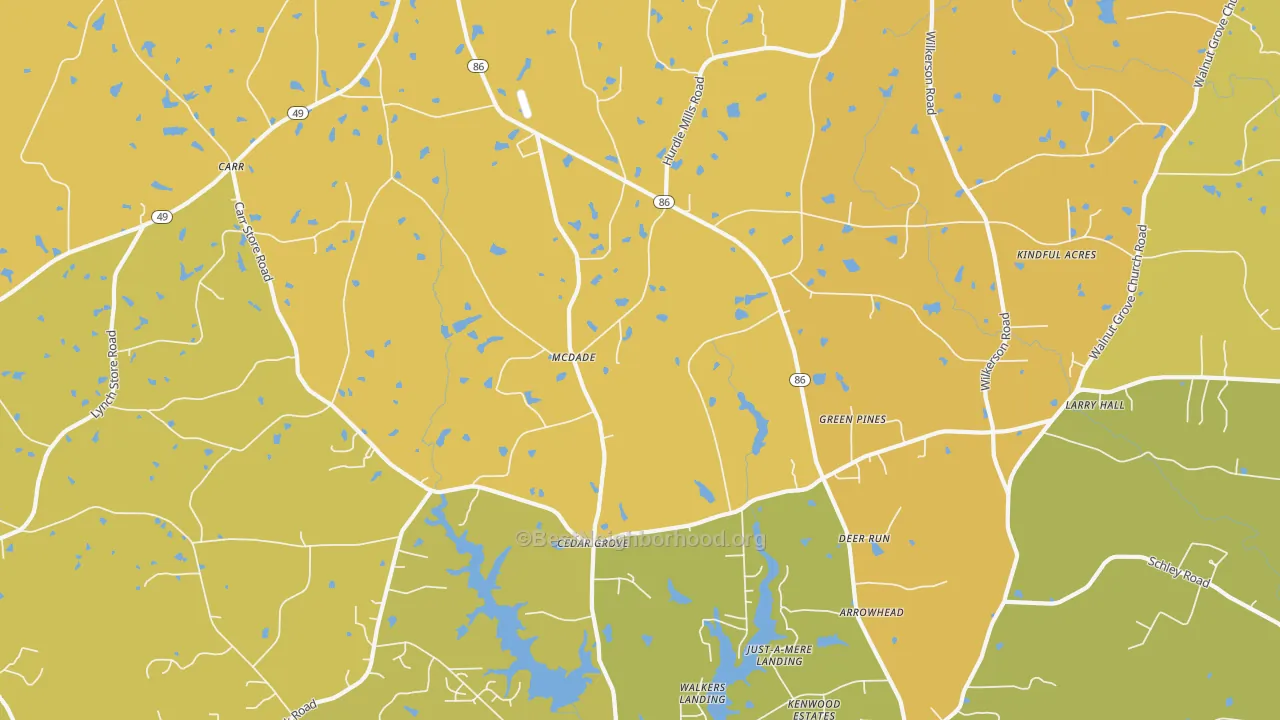 Map of the best neighborhoods in the Cedar Grove area, with better matches in green and worse matches in red