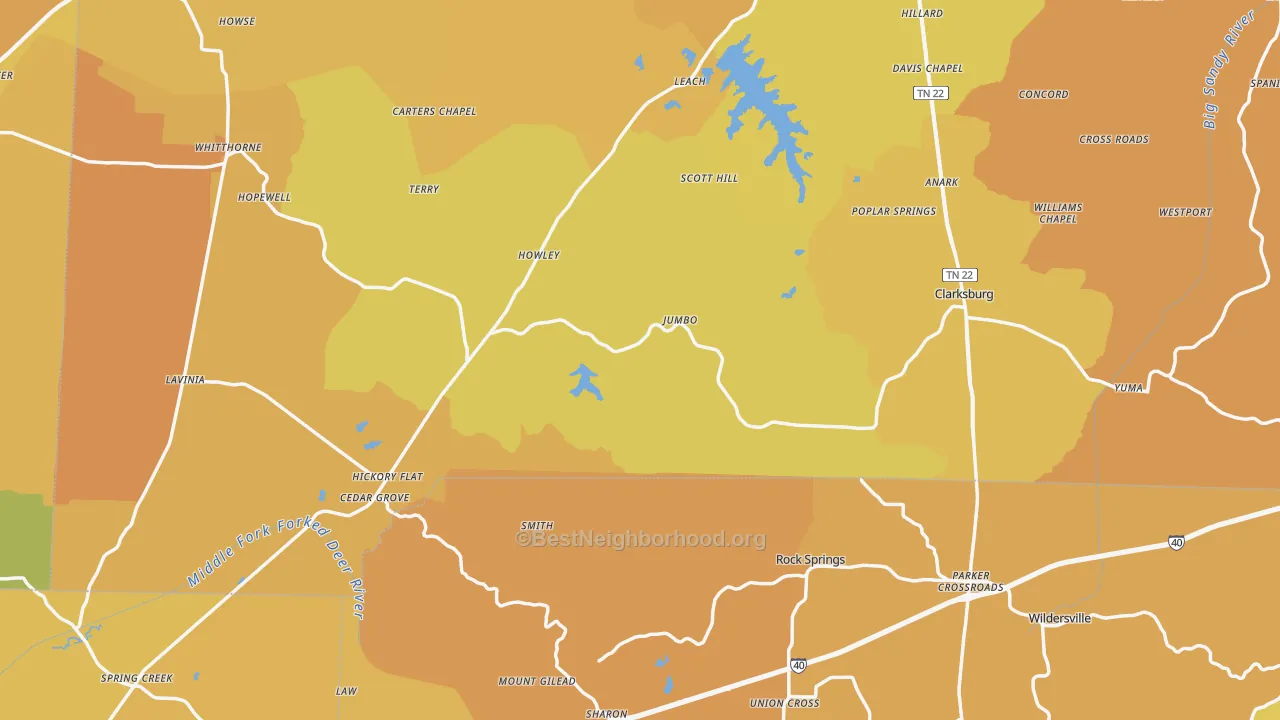 Map of the best neighborhoods in the Cedar Grove area, with better matches in green and worse matches in red