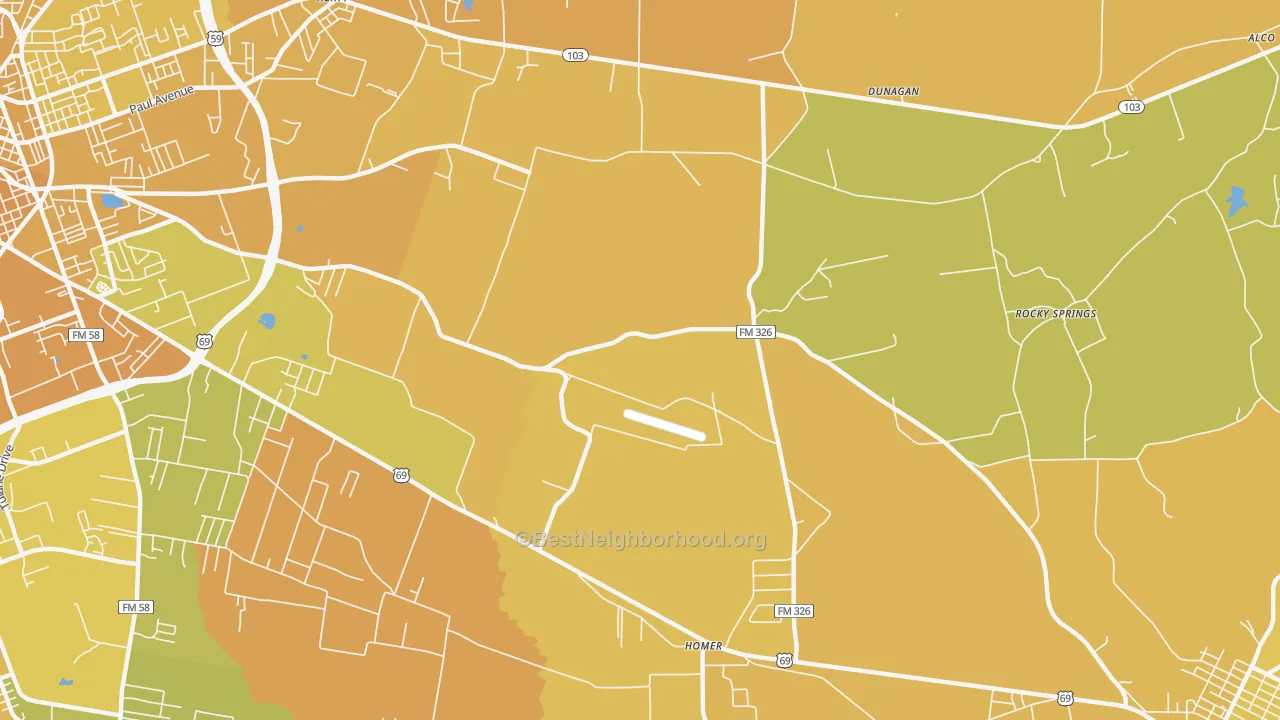 Map of the best neighborhoods in the Cedar Grove area, with better matches in green and worse matches in red