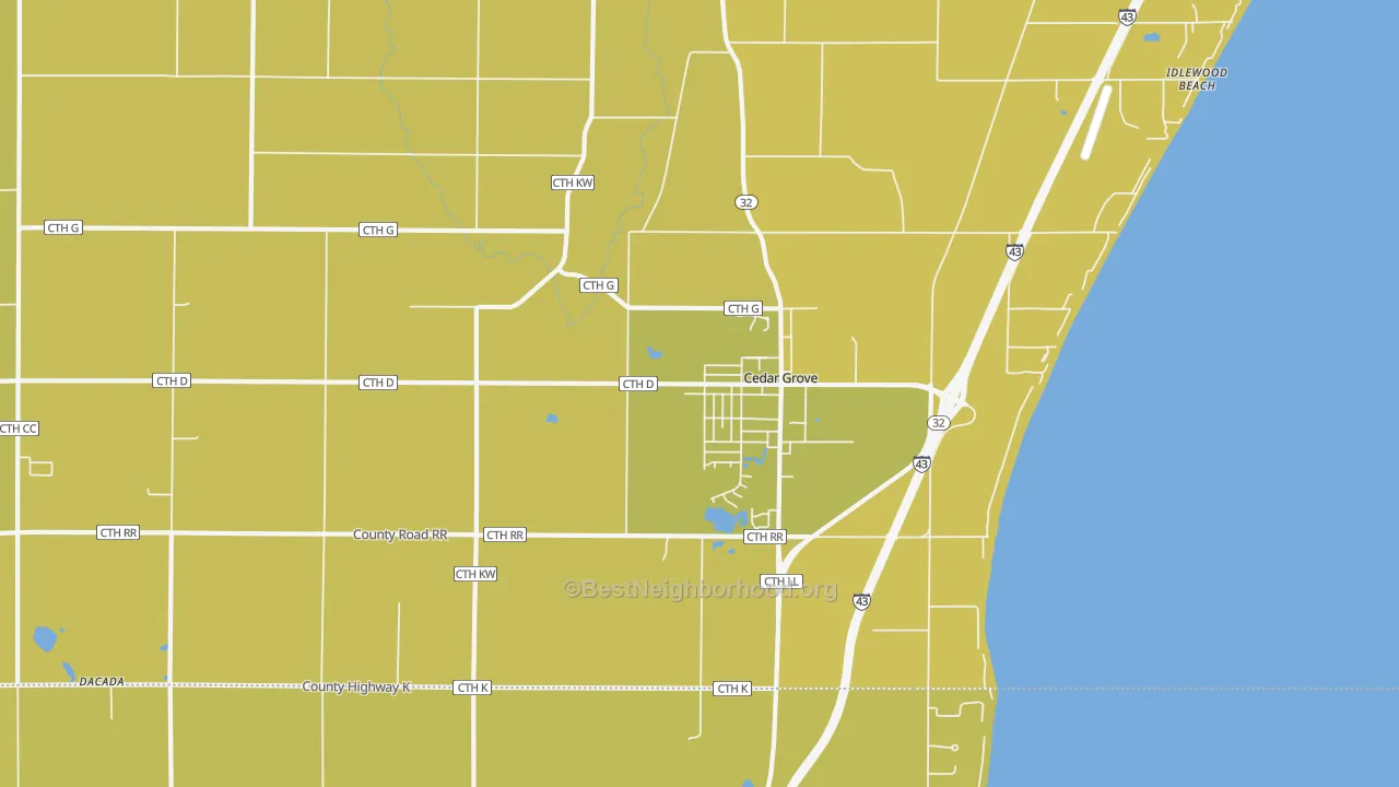 Map of the best neighborhoods in the Cedar Grove area, with better matches in green and worse matches in red