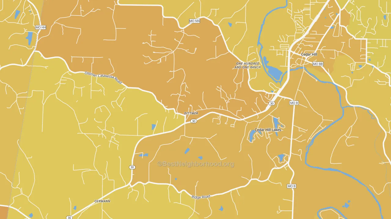 Map of the best neighborhoods in the Cedar Hill Lakes area, with better matches in green and worse matches in red