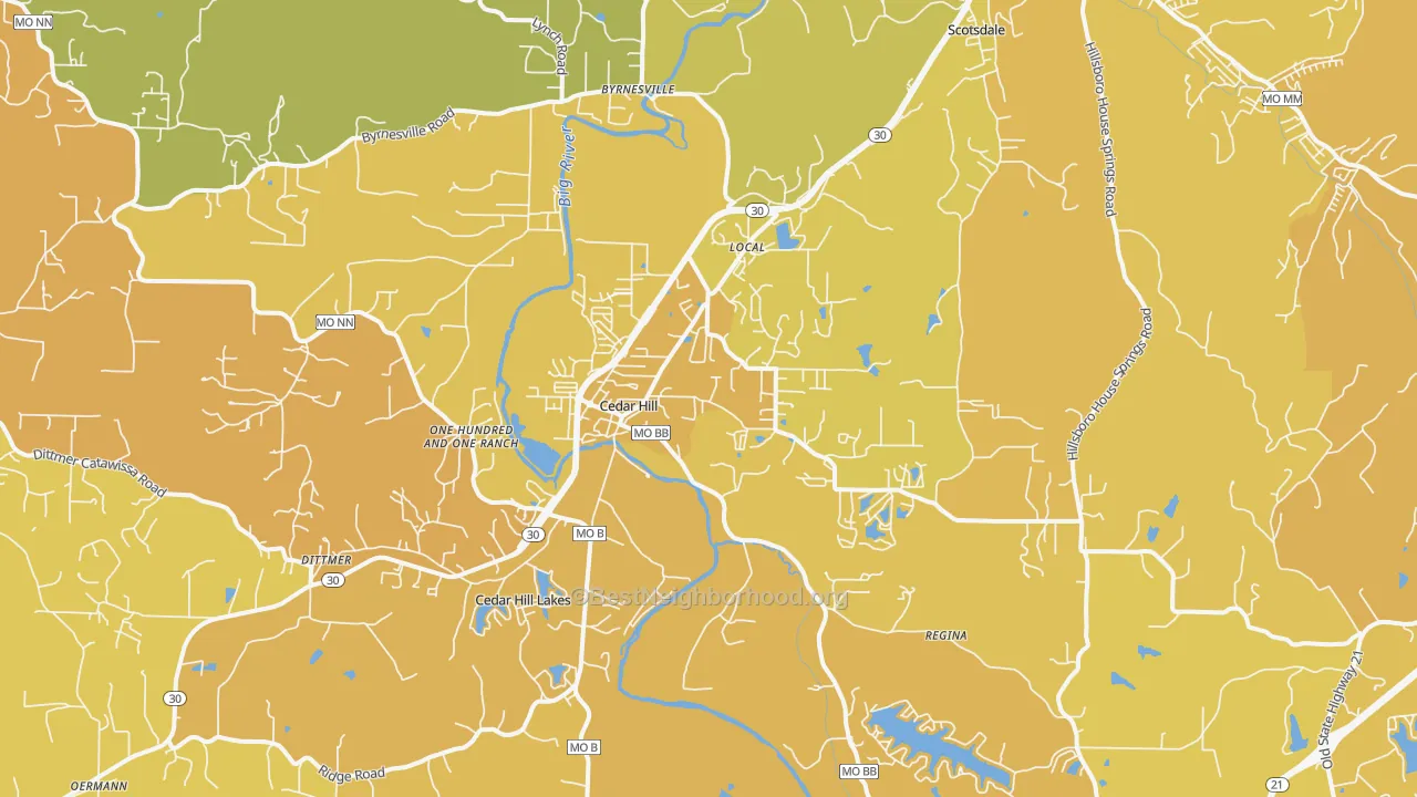 Map of the best neighborhoods in the Cedar Hill area, with better matches in green and worse matches in red
