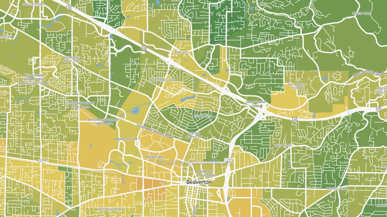 Map of the best neighborhoods in the Cedar Hills-Cedar Mill North, Beaverton area, with better matches in green and worse matches in red