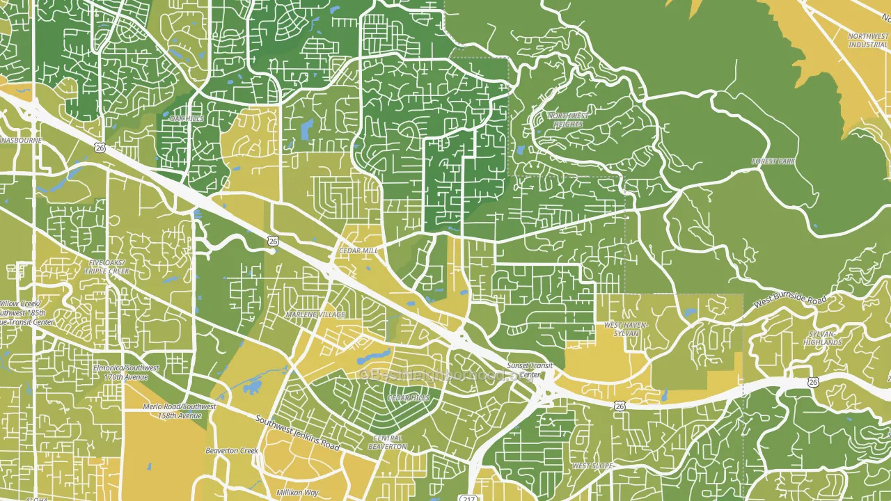 Map of the best neighborhoods in the Cedar Hills-Cedar Mill, Portland area, with better matches in green and worse matches in red