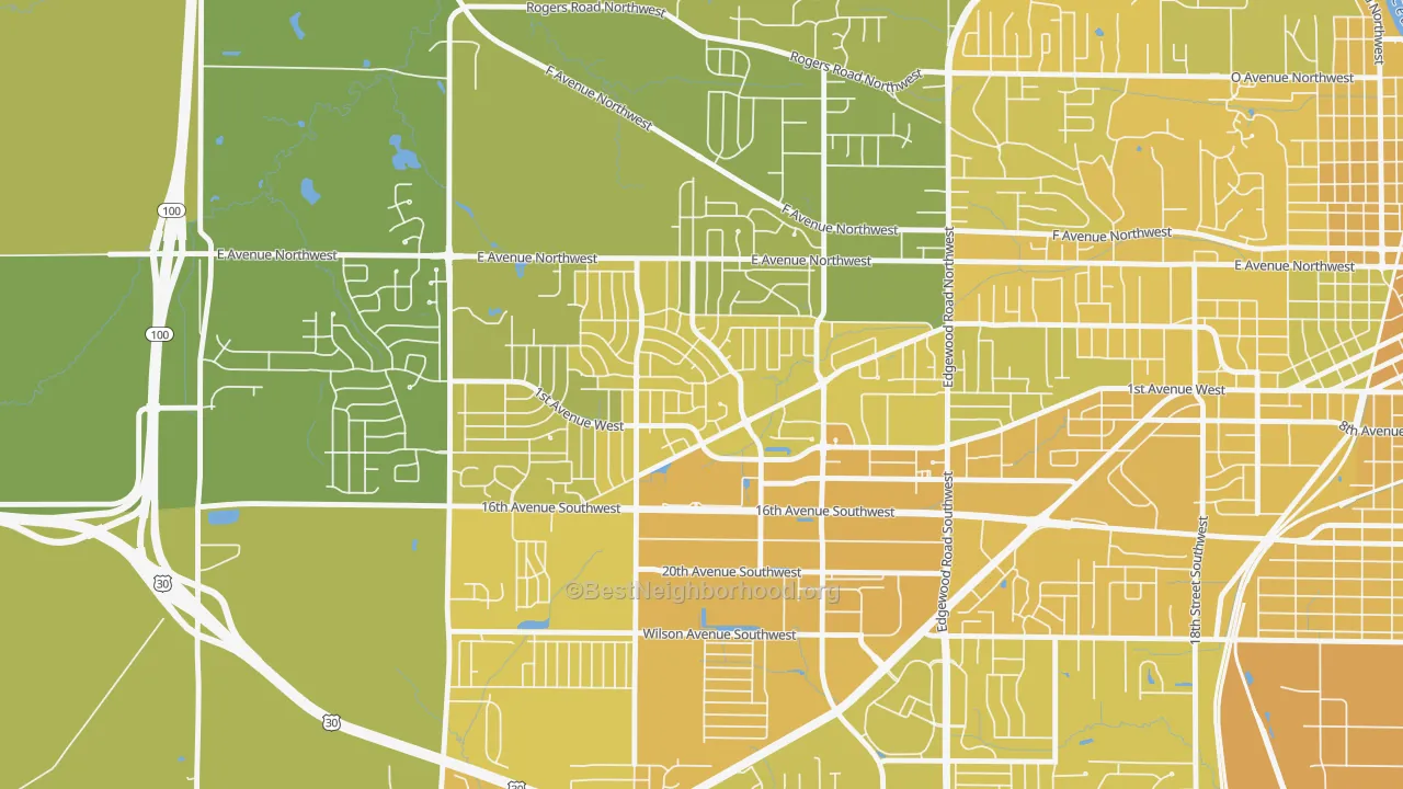 Map of the best neighborhoods in the Cedar Hills, Cedar Rapids area, with better matches in green and worse matches in red