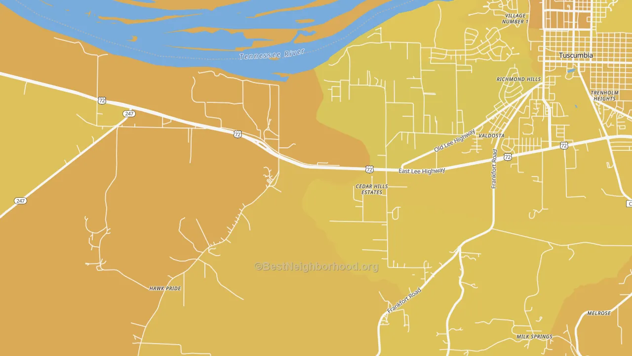 Map of the best neighborhoods in the Cedar Hills Estates area, with better matches in green and worse matches in red