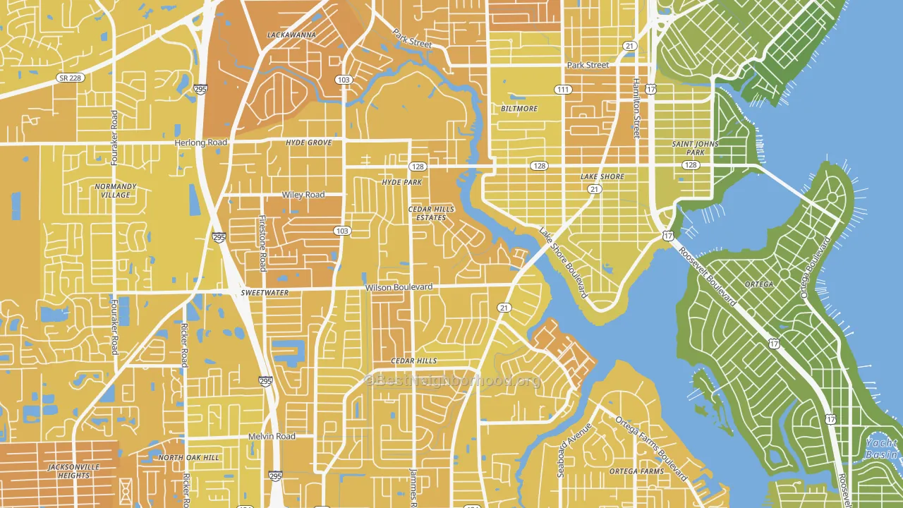 Map of the best neighborhoods in the Cedar Hills Estates, Jacksonville area, with better matches in green and worse matches in red
