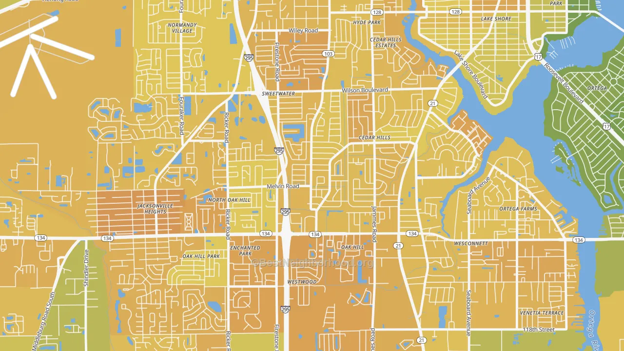 Map of the best neighborhoods in the Cedar Hills, Jacksonville area, with better matches in green and worse matches in red