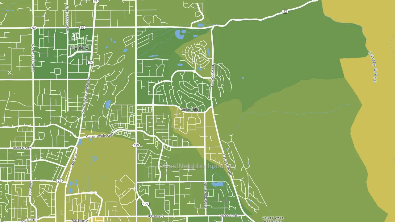 Map of the best neighborhoods in the Cedar Hills area, with better matches in green and worse matches in red