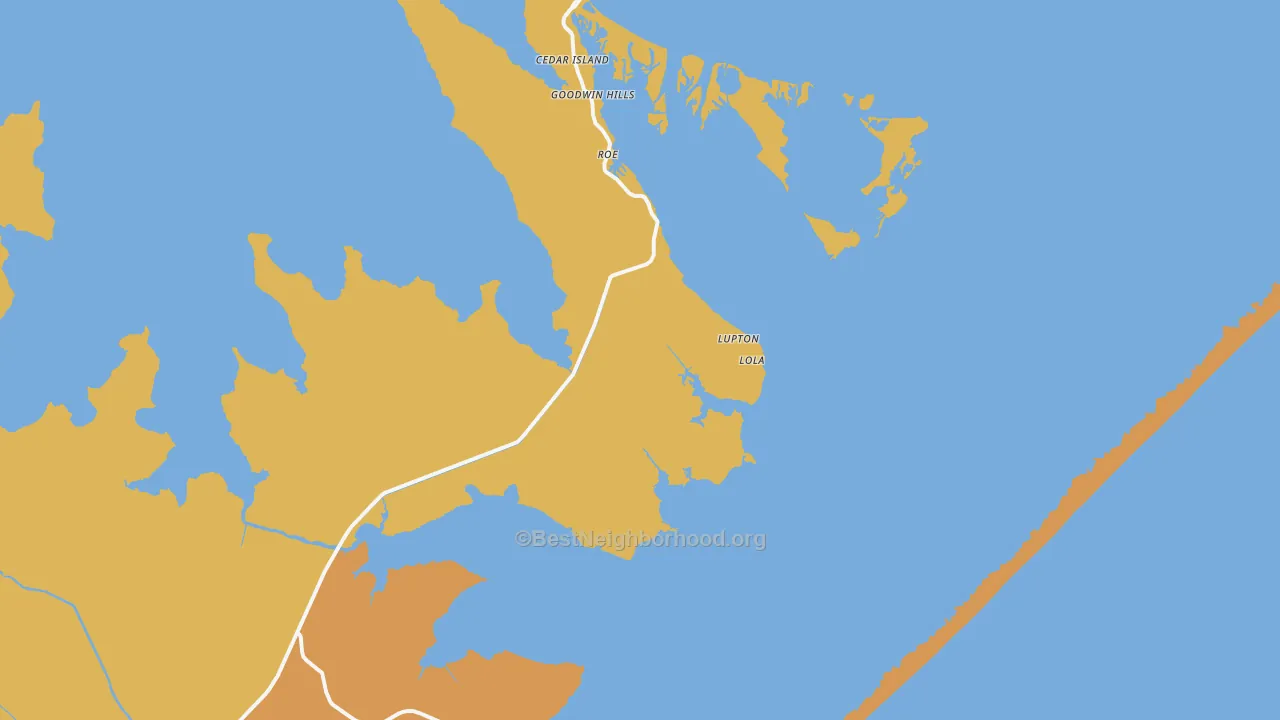 Map of the best neighborhoods in the Cedar Island area, with better matches in green and worse matches in red