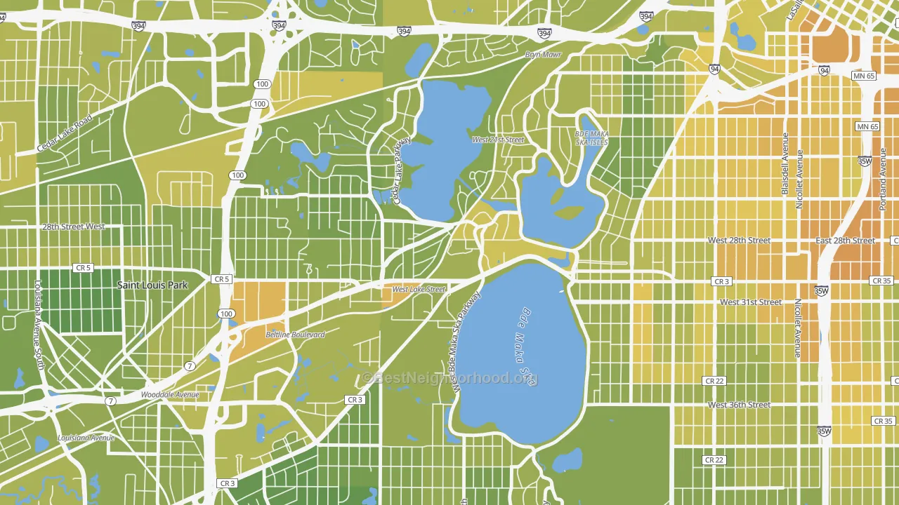Map of the best neighborhoods in the Cedar-Isles-Dean, Minneapolis area, with better matches in green and worse matches in red