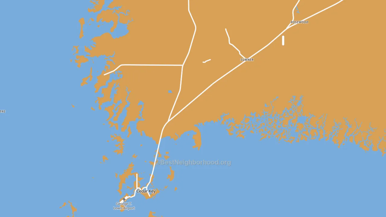 Map of the best neighborhoods in the Cedar Key area, with better matches in green and worse matches in red