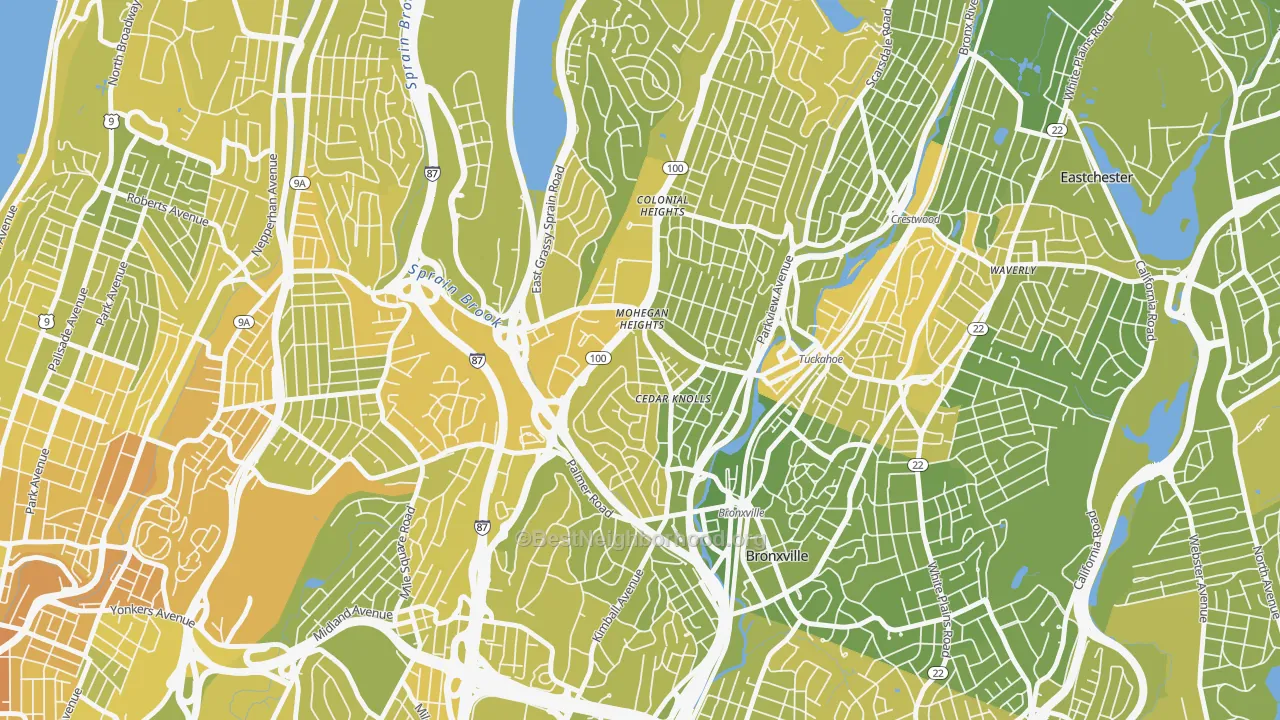 Map of the best neighborhoods in the Cedar Knolls, Bronxville area, with better matches in green and worse matches in red
