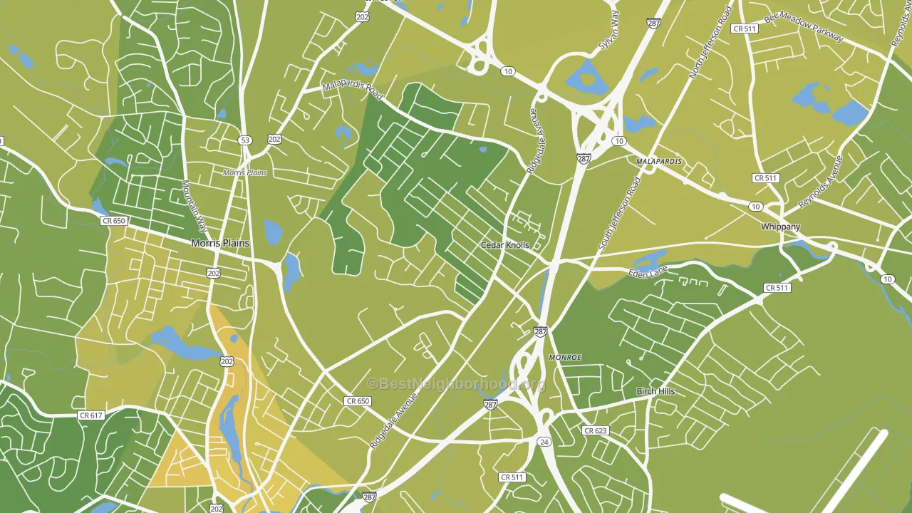Map of the best neighborhoods in the Cedar Knolls area, with better matches in green and worse matches in red