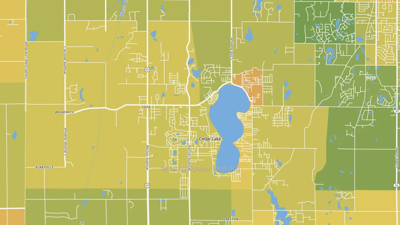Map of the best neighborhoods in the Cedar Lake area, with better matches in green and worse matches in red