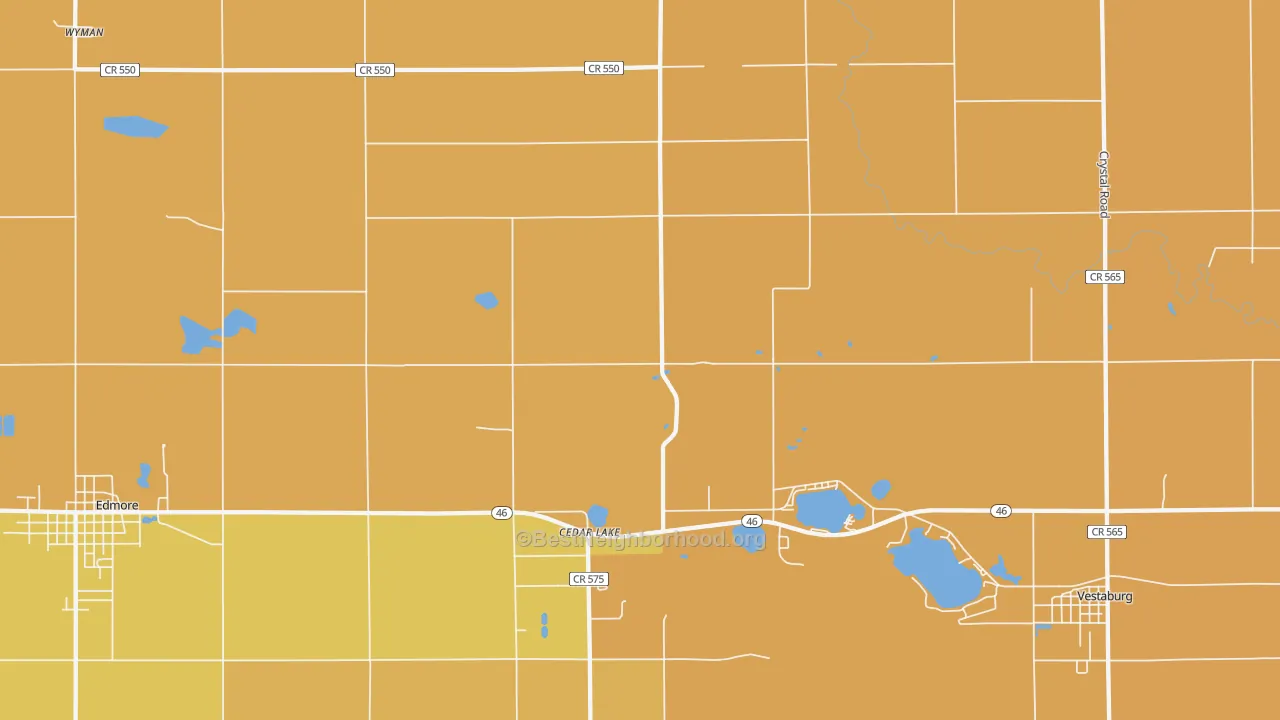 Map of the best neighborhoods in the Cedar Lake area, with better matches in green and worse matches in red