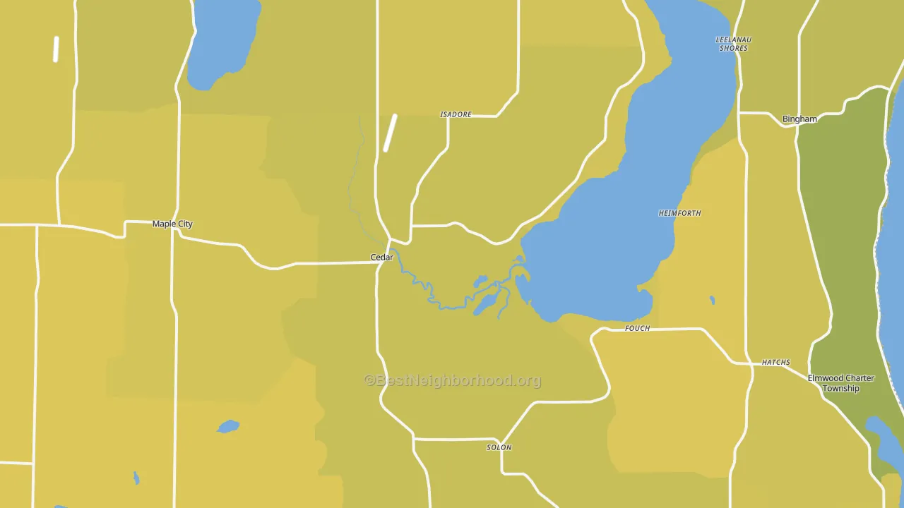 Map of the best neighborhoods in the Cedar area, with better matches in green and worse matches in red