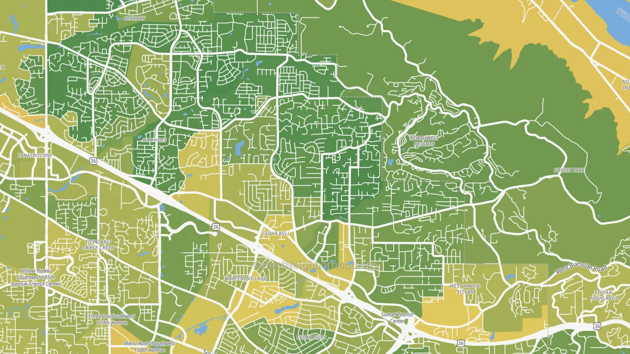 Map of the best neighborhoods in the Cedar Mill area, with better matches in green and worse matches in red