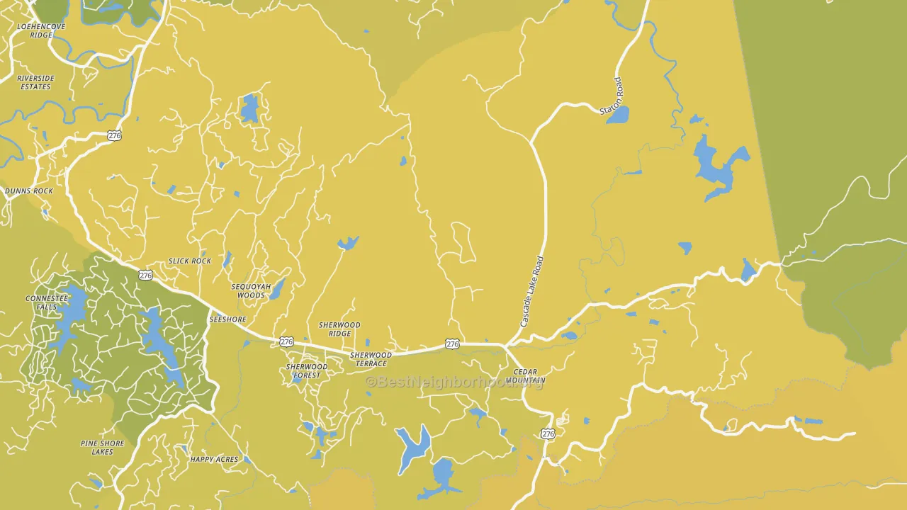 Map of the best neighborhoods in the Cedar Mountain area, with better matches in green and worse matches in red