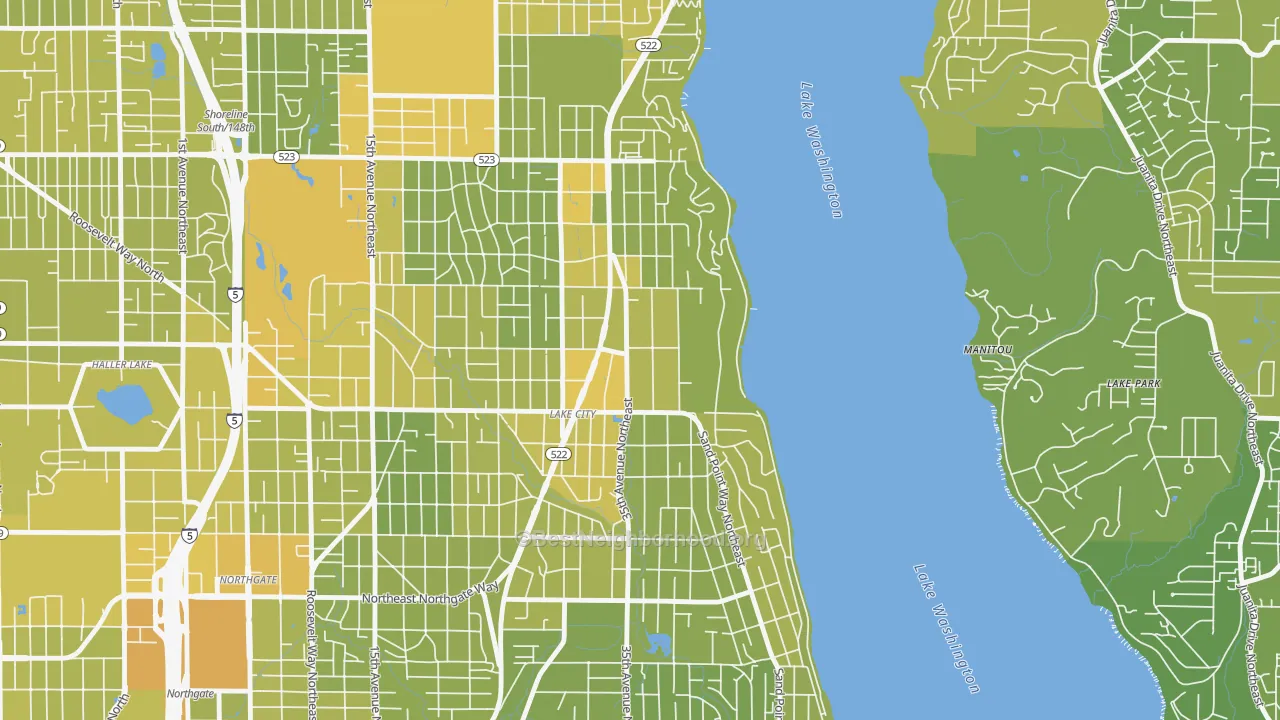 Map of the best neighborhoods in the Cedar Park, Seattle area, with better matches in green and worse matches in red