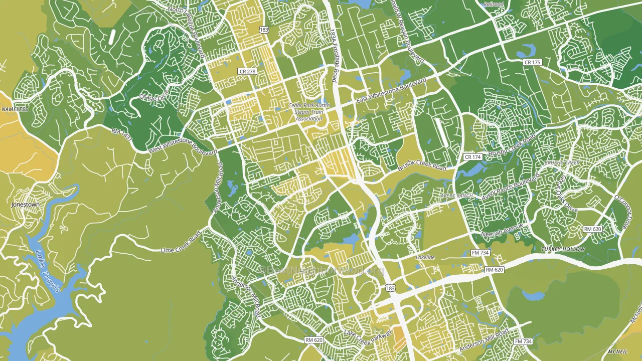 Map of the best neighborhoods in the Cedar Park area, with better matches in green and worse matches in red
