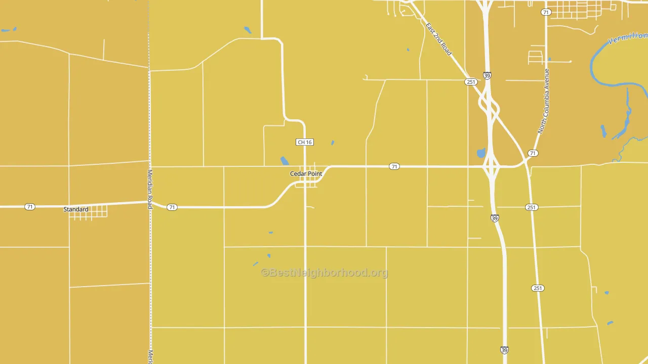 Map of the best neighborhoods in the Cedar Point area, with better matches in green and worse matches in red