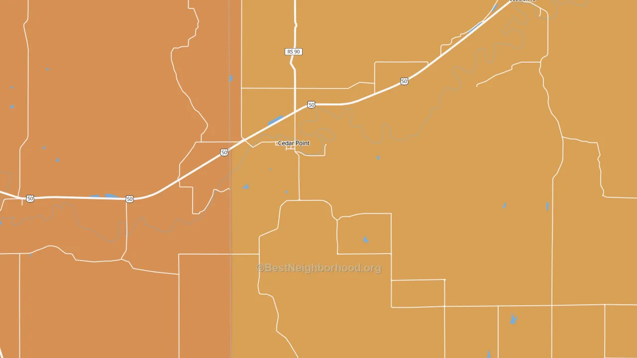 Map of the best neighborhoods in the Cedar Point area, with better matches in green and worse matches in red