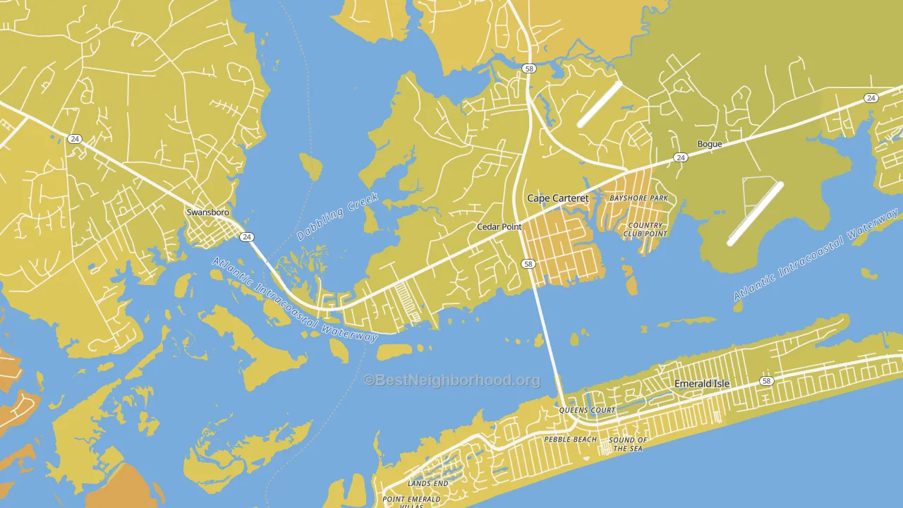 Map of the best neighborhoods in the Cedar Point area, with better matches in green and worse matches in red