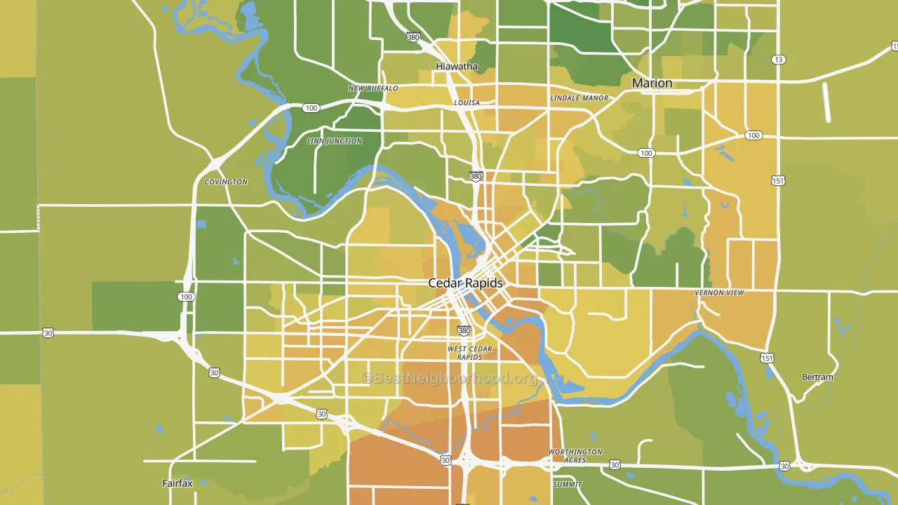 Map of the best neighborhoods in the Cedar Rapids Metro area, with better matches in green and worse matches in red