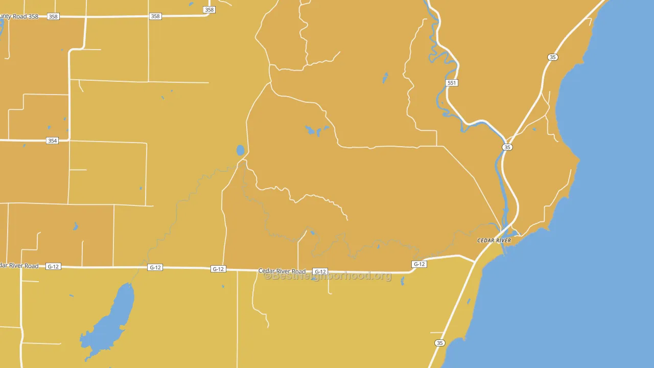 Map of the best neighborhoods in the Cedar River area, with better matches in green and worse matches in red