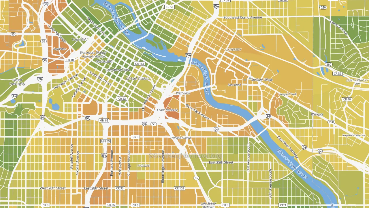 Map of the best neighborhoods in the Cedar-Riverside, Minneapolis area, with better matches in green and worse matches in red