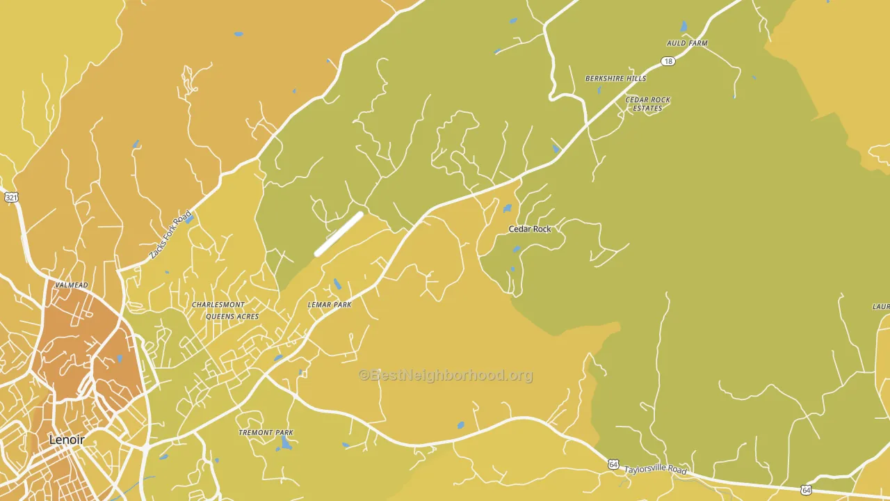 Map of the best neighborhoods in the Cedar Rock area, with better matches in green and worse matches in red