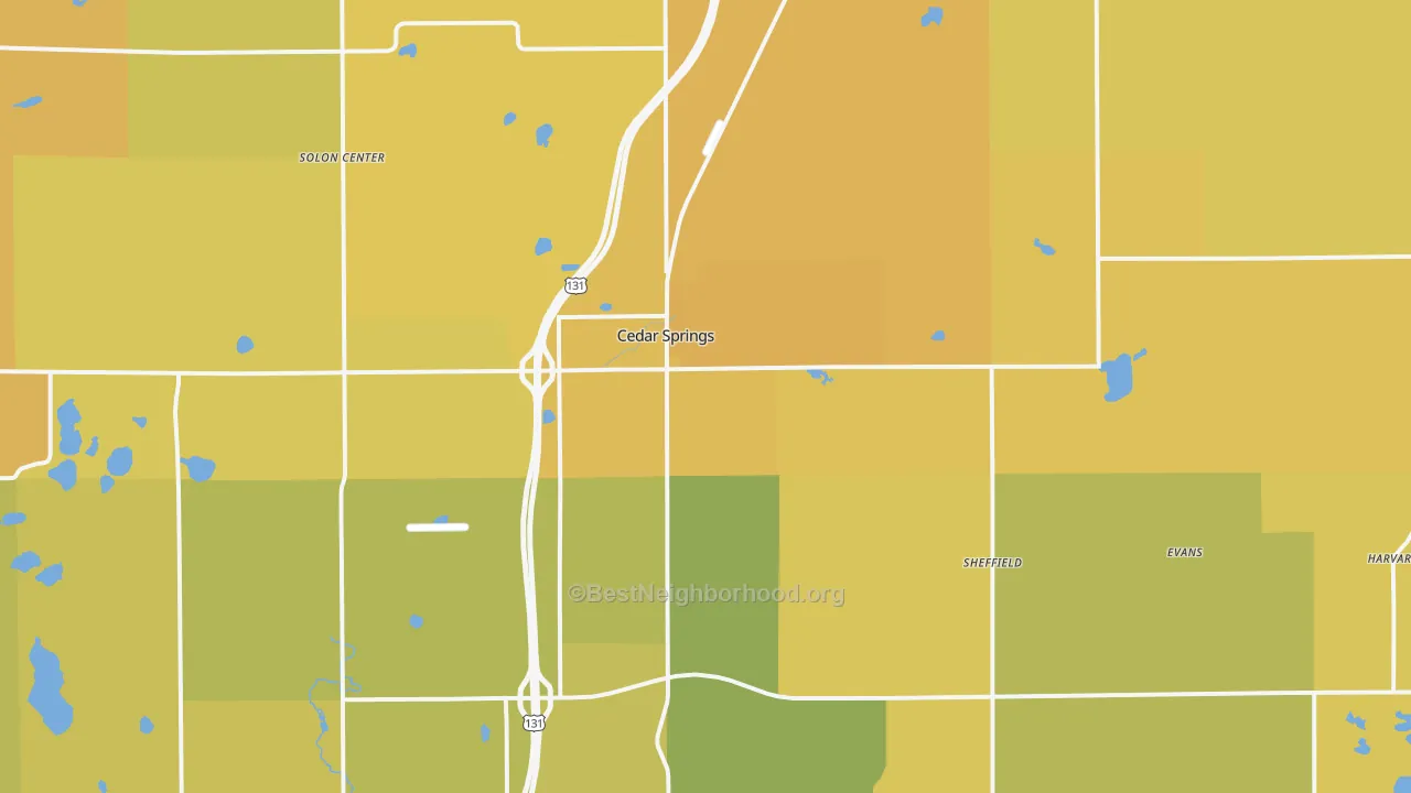 Map of the best neighborhoods in the Cedar Springs area, with better matches in green and worse matches in red